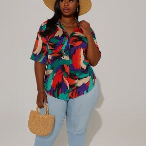 Fashion Nova Red and Blue Graphic Blouse with Notched Collar